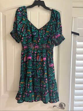 Joy Joy Green Floral Mini Dress with Pink & Orange Accents